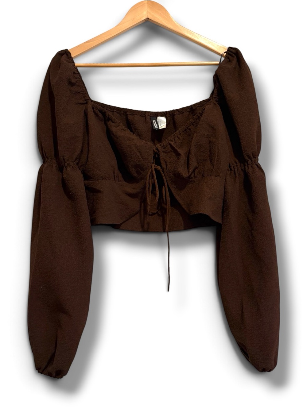 H&M Brown Puff Sleeve Tie-Front Cropped Blouse